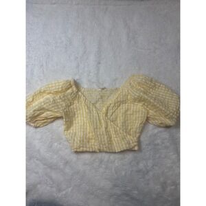 Sim & Sam Crop Top‎ Women XS Yellow Excellent Gingham Puff Sleeve Smocked Blouse